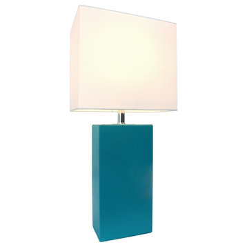 Elegant Designs Modern Leather Table Lamp With White Fabric Shade, Teal