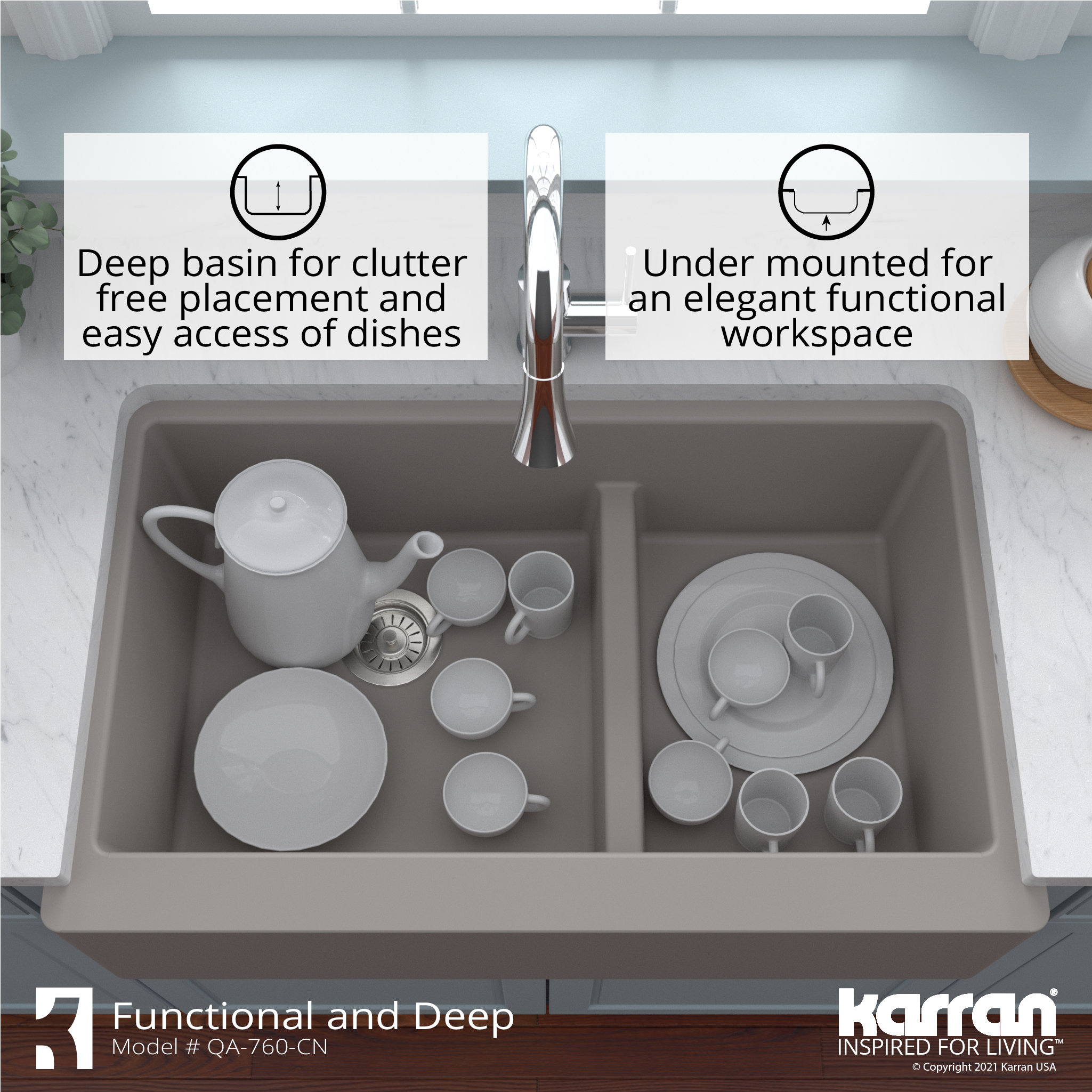 Karran Farmhouse/Apron-Front Quartz 34" Double Offset Bowl Sink, Concrete