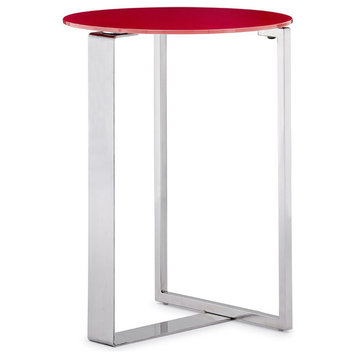 Carmesi End Table Opaque Red Tempered Glass Top Polished Stainless Steel Base