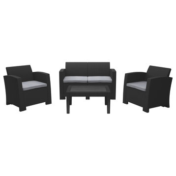 CorLiving 4-Piece Black Resin Wicker Conversation Set with Light Grey Cushions