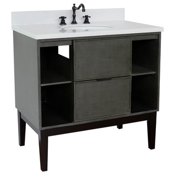 37" Single Vanity, Linen Gray Finish With White Quartz Top And Oval Sink