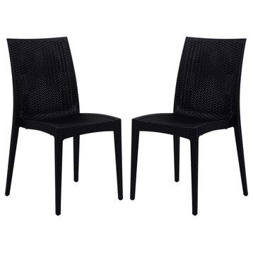 LeisureMod Weave Mace Indoor/Outdoor Dining Chair, Armless, Set of 2 Black