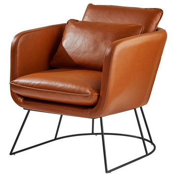 Midcentury Modern Accent Chair, Camel Brown Faux Leather Seat With Lumbar Pillow