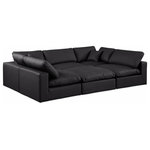 Meridian Furniture - Comfy Upholstered U-Shaped Modular Sectional, Black, 6-Piece: 3 Armless Chair, 2 Corner Chair, 1 Ottoman, Vegan Leather - Give your space a whole new look with this black Comfy vegan leather sectional. This handsome sectional fits nicely with other items in the Comfy collection and is a versatile seating option designed for adaptability, comfort and style. Wrapped in rich black durable vegan leathered upholstery, this sectional offers a plush embrace of overstuffed down feather cushions, carefully crafted to deliver the highest level of comfort. The perfect seat for creating an oasis for relaxation, this sectional has thick foam surrounding its frame for added support and coziness.