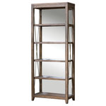 Uttermost - Delancey Etagere - Handcrafted from select hardwoods in a deeply grained weathered oak finish with gray glazing, featuring a mirrored back and iron crossbar accents in an antique pewter finish. Has four fixed display shelves.