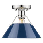 Golden Lighting - Orwell Flush Mount, Chrome With Navy Blue Shade - Orwell is an extensive assortment of industrial style fixtures. The beauty and character of the collection are in the refined details. This transitional series works well in a variety of settings. Partial shades shield the eyes from possible hot spots, while the open tops tease onlookers with a view of the sockets and bulbs. The design allows light and heat to escape from above and below the metal shades, providing both task and ambient lighting. Edison bulbs are recommended to compete the vintage, industrial look of the fixtures. A choice-selection of finish and shade color combinations heighten the appeal of the series. Opal glass shades are available for bath fixtures. Single pendants are suspended from woven fabric cords while multi-light fixtures are rod-hung.