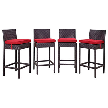 Modern Contemporary Urban Outdoor Patio 4-Piece Pub Bar Chairs Set, Red, Rattan