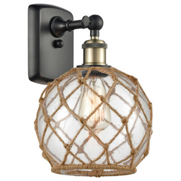 Farmhouse Rope 1-Light Sconce, Black Antique Brass, Clear Glass With Brown Rope
