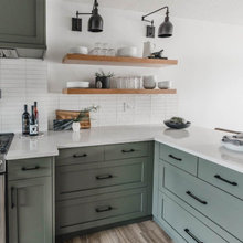 peninsula kitchen, color for cabinets, flooring, wood shelves