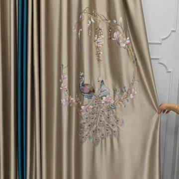 QYHL225C Silver Beach Embroidered Colorful Peacock Faux Silk Custom Made Curtain