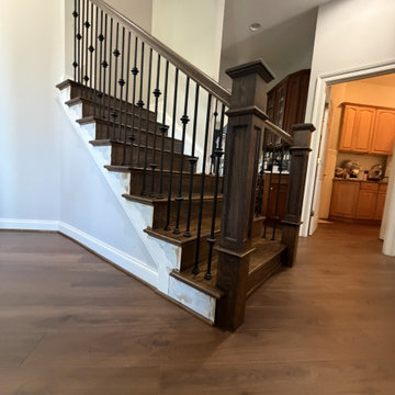 New Stair Components. Ballusters Sanding and Refinishing - new LVP and Carpet