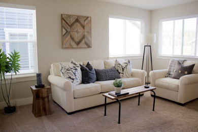 Inspiration for a transitional loft-style carpeted family room remodel in Other