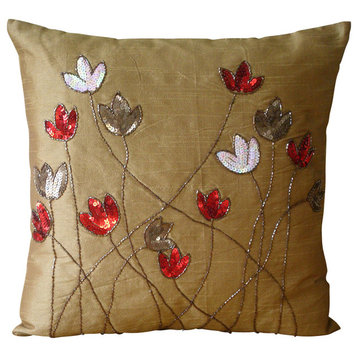 Tulip Sparkle, Gold 16"x16" Silk Throw Pillows Cover