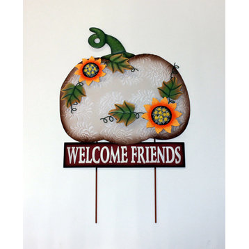 28" Metal Welcome Friends Pumpkin Stake With Metal Sunflowers