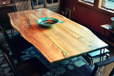 Bookmatched Natural Edge Slab American Elm Dining Table With Turquoise lnlay