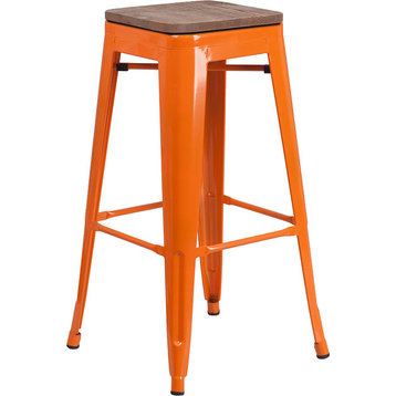 30" High Backless Orange Metal Barstool With Square Wood Seat