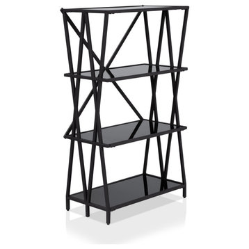 Modern Bookcase, Geometric Accented Open Frame & Glass Shelves, 4 Shelves/Small