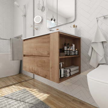 BNK Single Sink Bathroom Vanity with Soft Close Drawers and Adjustable Shelf, Imitative Oak-30 Inch