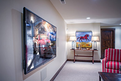 Mid-sized transitional carpeted and beige floor basement photo in Other with beige walls