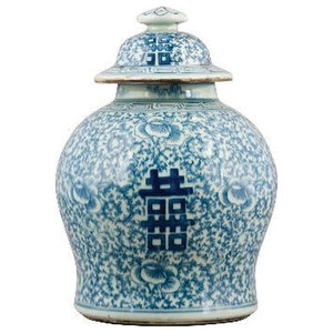 Blue /& White Porcelain Double Happiness Chinoiserie Lidded Temple Jar 12/"