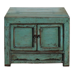 Oriental Distressed Aqua Green Lacquer Side End Table Nightstand - Nightstands And Bedside Tables