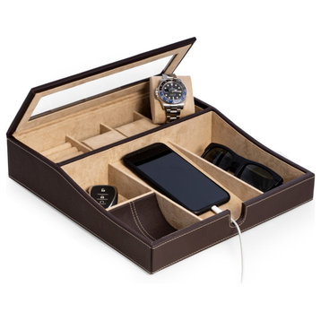 Brown Leather Valet Tray, Multi-Comparment Storage