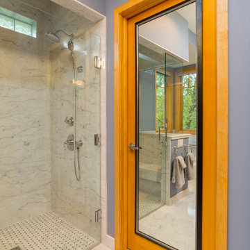 Traditional Carrara Marble Primary Bath Refresh With Maple Vanity