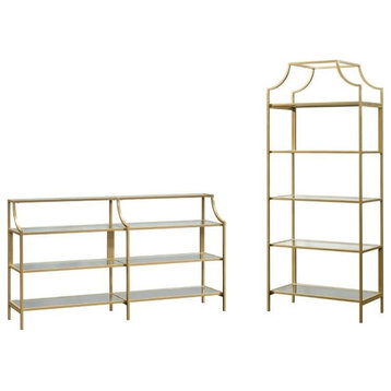 2 Piece Industrial Glass Bookcase and Console Table Set in Satin Gold