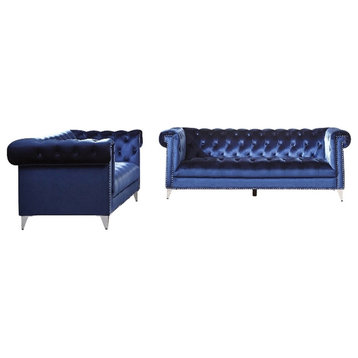 Coaster 2-Piece Upholstery Tufted Tuxedo Arm Velvet Sofa Set in Blue