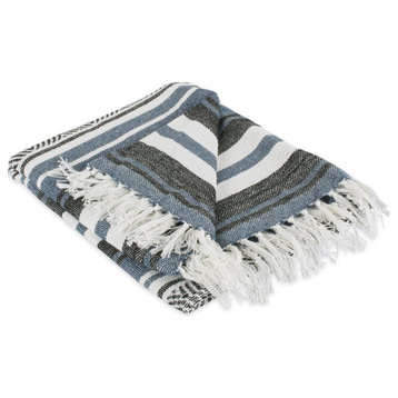 DII 60x50" Modern Cotton Woven Throw with Fringe in French Blue/Black