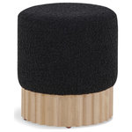 Meridian Furniture - Veranda Boucle Fabric Upholstered Ottoman/Stool, Black, Natural Finish - Indulge in the luxurious texture of the Veranda Boucle Fabric Ottoman/Stool. It boasts a rich black boucle fabric that is paired with an elegant and sturdy solid wood base, featuring a natural finish that highlights the beautiful wood grain patterns. This unique combination of materials creates a perfect blend of style and durability, making it an ideal addition to any modern or traditional interior design.