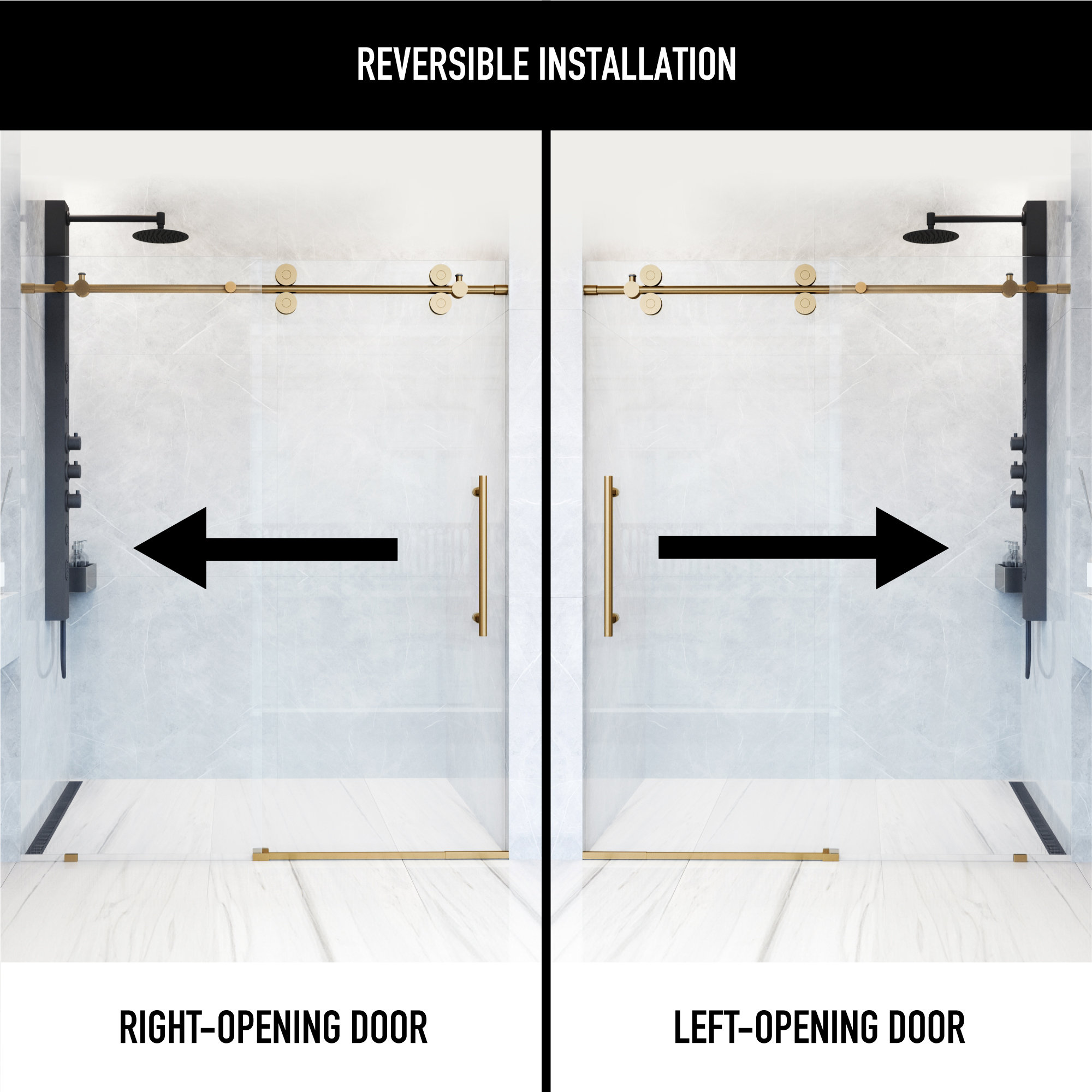 VIGO Elan 60" to 64" W x 74" H Frameless Sliding Shower Door, Matte Gold, Clear Glass