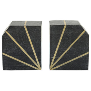 Set of 2Marble 5" Polished Bookends With Gold Inlays, Black