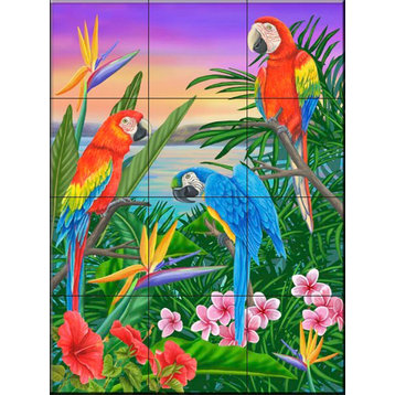 Tile Mural, Parrot Trio by Mary Lou Troutman