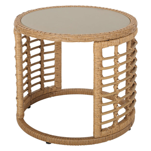 Amanda Outdoor Boho Wicker Side Table With Tempered Glass Top, Light Brown