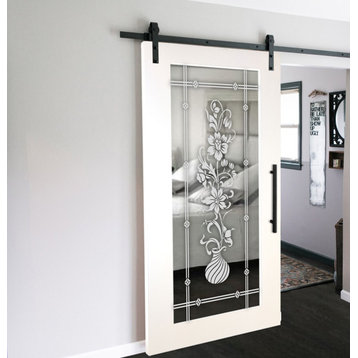 Mirrored Sliding Barn Door with Mirror Panel + Frosted Design, 1x Mirror, 34"x84