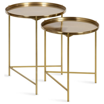 Modern Set of 2 End Table, Nesting Design With Removable Round Tray Top, Gold