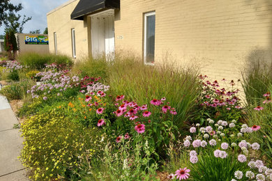 This is an example of a small farmhouse drought-tolerant and full sun front yard flower bed in Cedar Rapids.