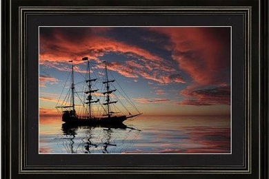 Pirate Ship At Sunset - Framed Print