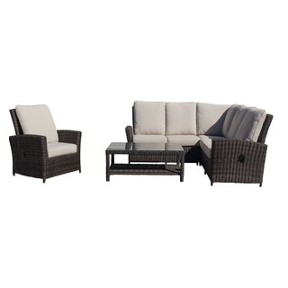 Courtyard Casual Bermuda FSC Teak 4 Piece Seating Set with Sofa, Coffee Table and 2 Club Chairs - Taupe