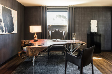 Inspiration for a small contemporary freestanding desk medium tone wood floor and brown floor study room remodel in San Francisco with gray walls