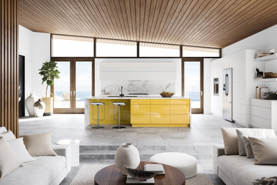 Eat-in kitchen - modern eat-in kitchen idea in Denver with flat-panel cabinets, white cabinets and an island