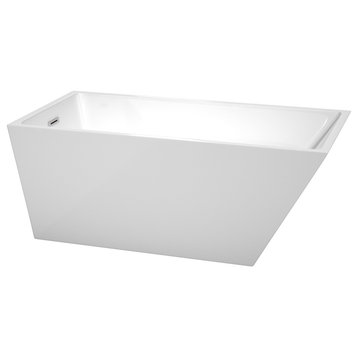 Hannah 59" Freestanding White Bathtub, Polished Chrome Drain and Overflow Trim