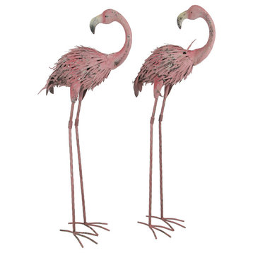 Pair of 34 Inch Tall Decorative Metal Pink Flamingo Yard Statues