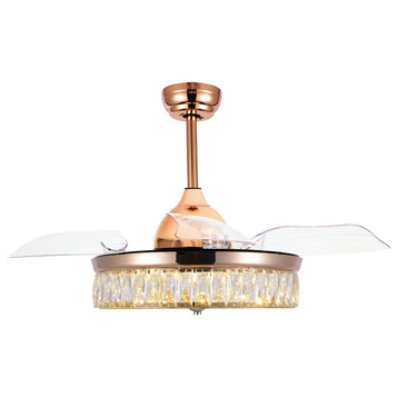 Dimmable Midcentury Retractable Ceiling Fan, Fandelier Fan and Light Combo, French Gold