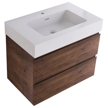Wood Wall-Mounted Bathroom Vanity Set with Integrated Resin Sink, Walnut, 30"