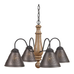 Colonial Wood Wrought Iron Chandeleir Punched Tin Shade, Pearwood - Chandeliers