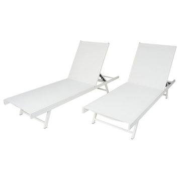Simon Outdoor Aluminum and Mesh Chaise Lounge, White, Set of 2
