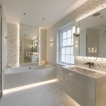 Luxury White Master Bathroom in Esher featuring Marble Tiles, Tiled Bath Frame,