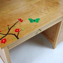 Cherry Desk with Hutch Flower and Butterfly Inlay - Desks And Hutches